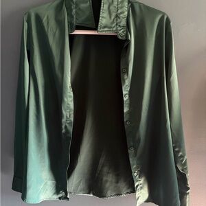 Womens Forest Green Satin Button-Up top